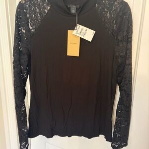 Halogen Black Lace-Sleeve Mock Neck Long Sleeve Top